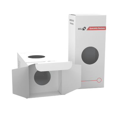 White specialty carton with red line and circular cutouts on the front and top