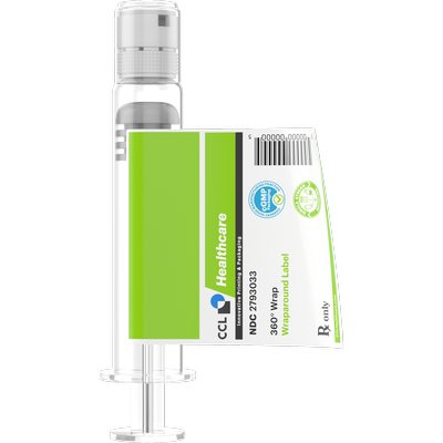 Syringe with green label wrapped around featuring CCL Healthcare logo